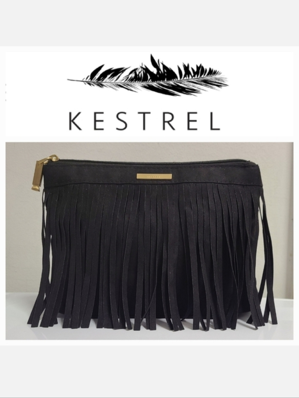 KESTREL Fringe Accessory Clutch Bag Wristlet Strap Black Faux Suede